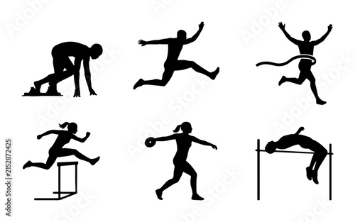 80 Athletics Silhouette Icons Set: Sprinting, Hurdles, Long Jump, Discus Throw, High Jump, Finish Line Victory, Track and Field Sports Vector Graphics 100