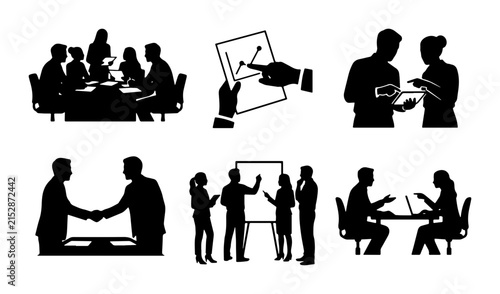 80 Business Meeting Silhouettes: Collaboration, Presentation, Handshake, Teamwork, Strategy, 6 Vector Icons for Corporate Concepts 100