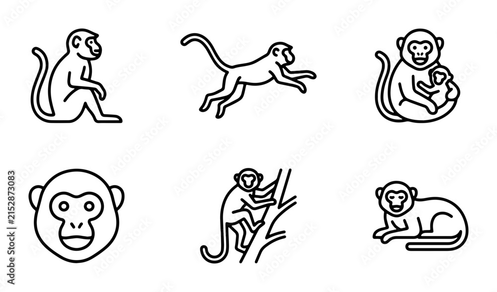 Fototapeta premium Set of 6 Minimalist Monkey Icons, Vector Graphics for Wildlife and Zoo Themes, Simple Line Art