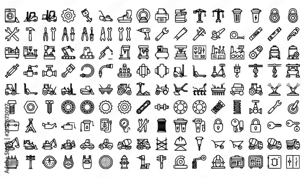Obraz premium Industrial Construction and Utility Machinery Thin Line Vector Icon Collection