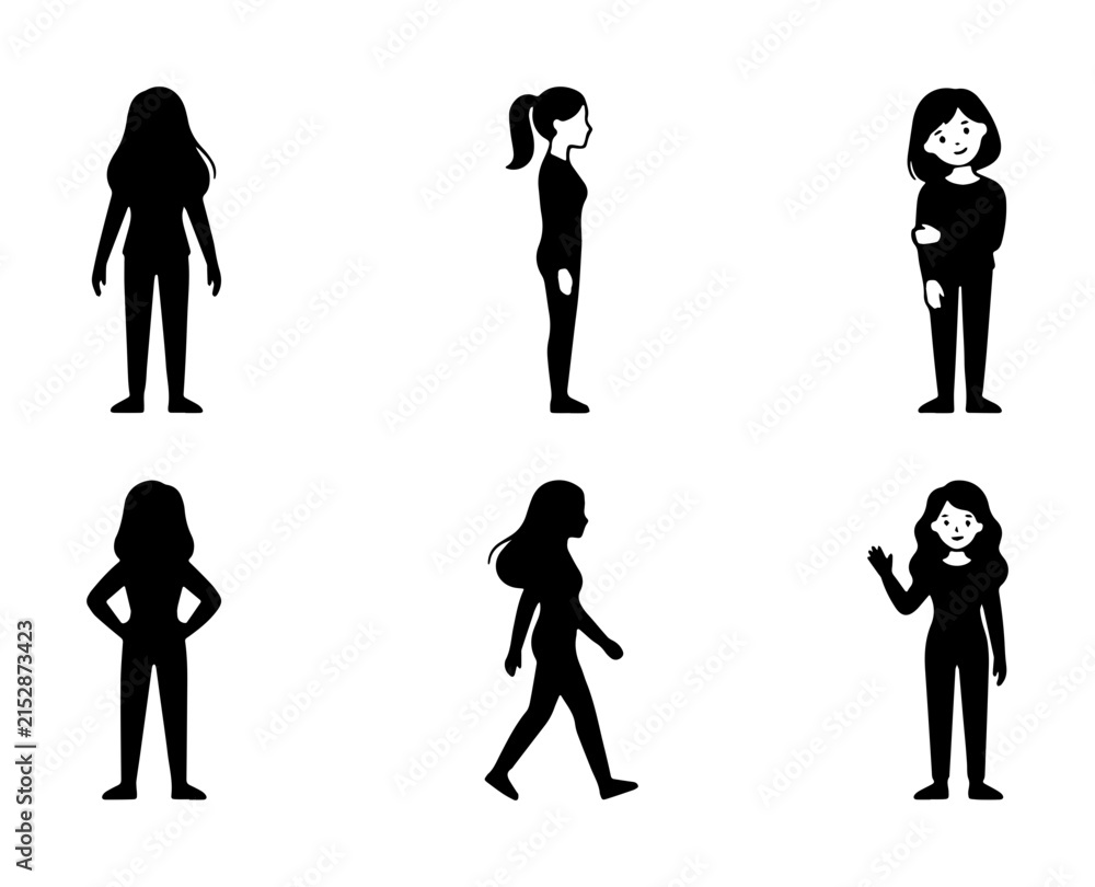 Obraz premium Diverse Female Silhouettes, Vector Icons Set: Standing, Walking, Posing Figures for Business & Lifestyle Graphics