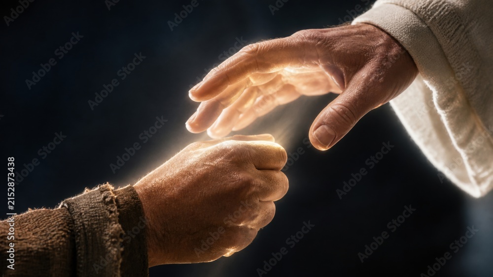 Fototapeta premium Man reaching out to accept divine guidance from an angel. Symbolic representation of faith and the birth of Christ. Biblical scene inspired by the gospel according to Matthew.