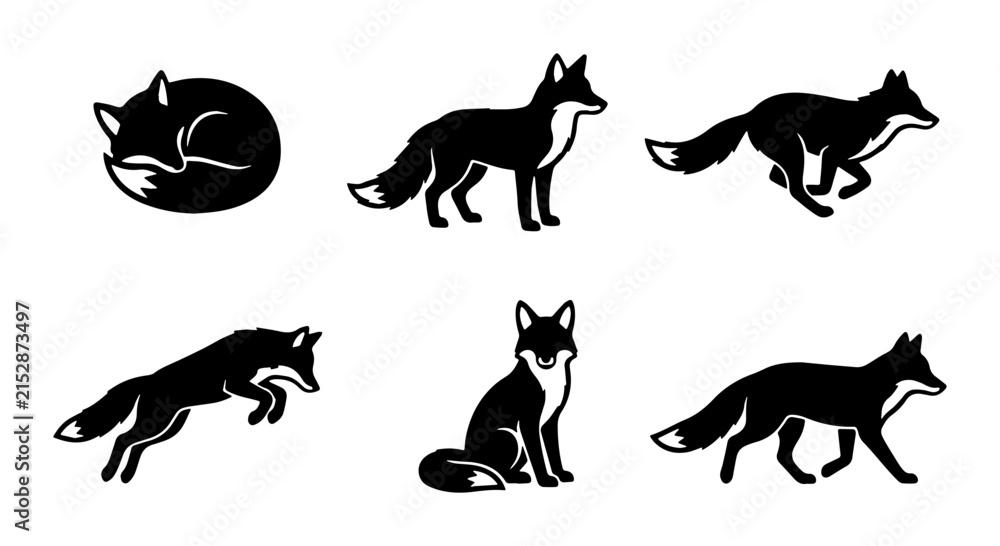 Obraz premium Black Fox Vector Icons Set: Wild Animal Silhouettes for Nature and Wildlife Graphics