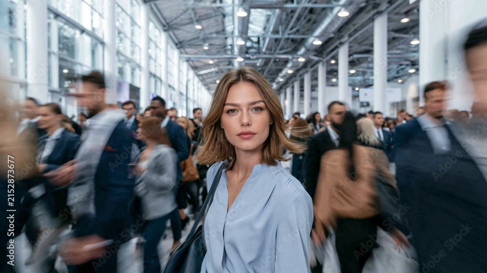Obraz premium The Lone Star in the Crowd: A young woman stands out amidst the blur of a bustling crowd, her steady gaze conveying a sense of confidence and determination.