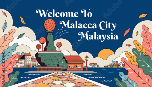 Welcome to Malacca City, Malaysia: Vibrant Illustration of Historic Port City Landscape with Stylized Architecture