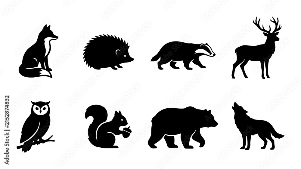 Obraz premium Forest Wildlife Silhouette Icons: Fox, Hedgehog, Badger, Deer, Owl, Squirrel, Bear, Wolf