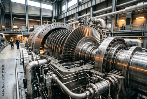 Enormous steam turbine inside a modern nuclear power station, with polished steel surfaces and intricate mechanical structures. Power generation concept