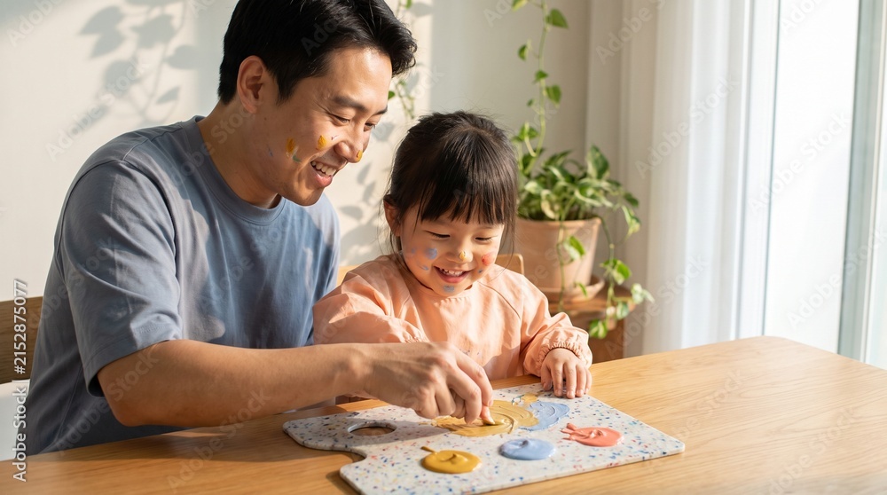 Obraz premium Asian father and young daughter playing with wooden puzzle, happy family bonding at home, bright natural light in living room, educational toy for child development