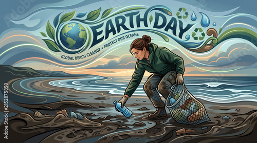 A person cleaning up a polluted beach during Earth Day, surrounded by waves and greenery, highlighting environmental protection efforts