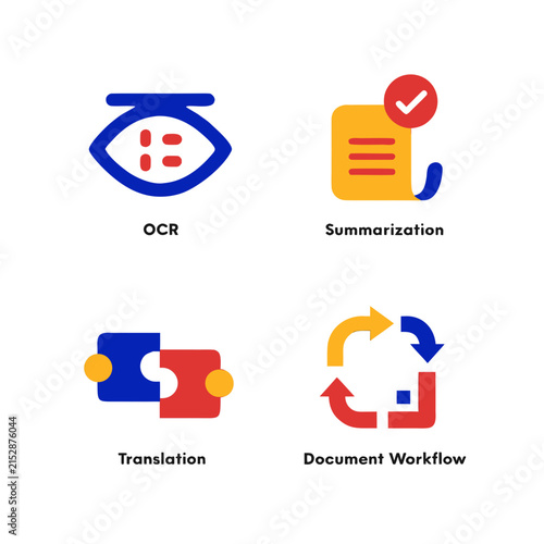 OCR, summarization, translation and document workflow icons set for business automation.