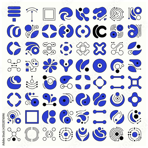Set of 100 unique abstract symbols with organic curves and geometric shapes