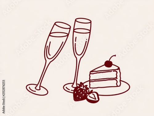 Hand drawn illustration of champagne glasses with cake and strawberries