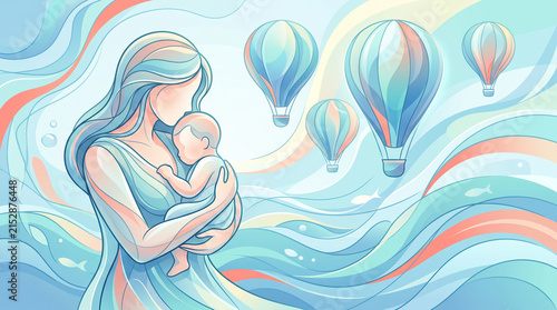 A mother tenderly holding her baby, with hot air balloons floating in the sky above a flowing water landscape. This illustration evokes feelings of love, hope, and new beginnings