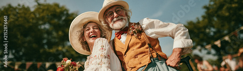 A Nostalgic Duo's Delight: A joyful elderly gentleman with a distinguished beard and a young woman with a charming smile, both adorned in vintage attire, share a candid moment of pure happiness.