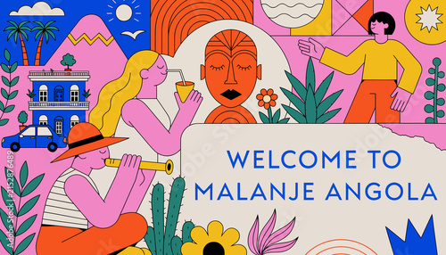 Welcome to Malanje Angola: Vibrant illustration of cultural landmarks, people and nature with a retro style