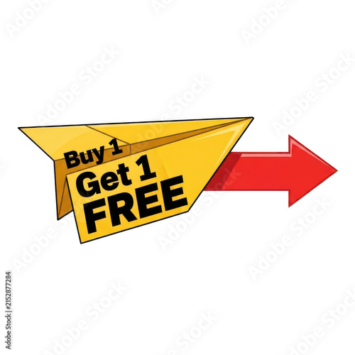 Buy 1 get 1 free paper plane sticker sign with red arrow isolated on transparent background