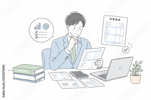 財務諸表や監査資料を細かく確認し、会計業務を行う男性ビジネスマン