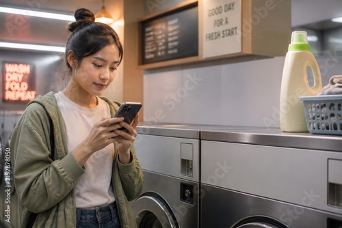 Young woman using smartphone while doing laundry in a laundromat, casual and focused atmosphere