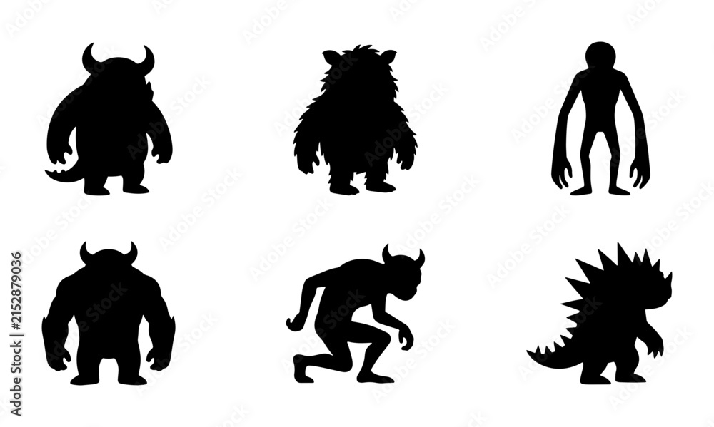 Obraz premium 70 Six Silhouette Monsters, Fantasy Creatures, Spooky Characters, Cartoon Beasts, Halloween Icons, Vector Art Collection 100