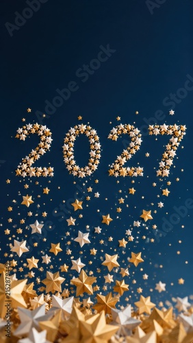 2027 golden star confetti on dark blue background