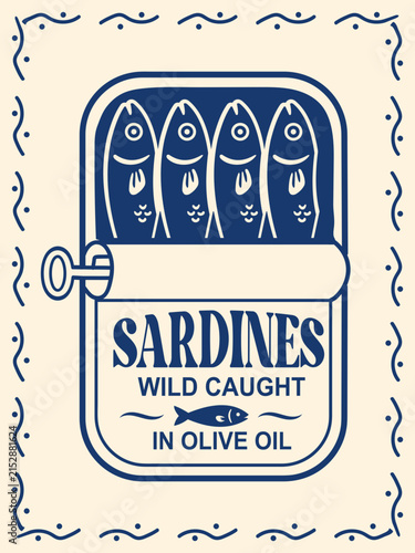 Vintage style sardine tin label illustration with four fish, decorative border, and classic typography for seafood packaging design