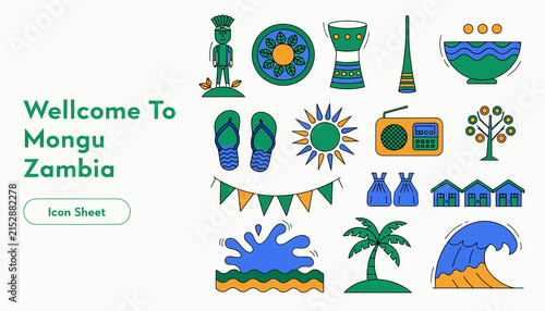 Welcome To Mongu Zambia Icon Sheet - Traditional Symbols, Tropical Elements, Local Culture