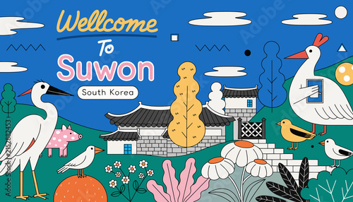 Welcome to Suwon, South Korea: Whimsical Illustration of City Landmarks and Nature Elements