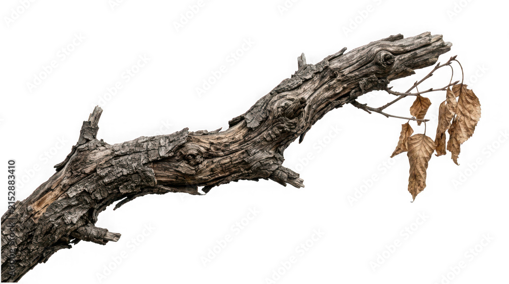 Fototapeta premium Old weathered tree branch with a few dry brown leaves isolated on transparent background