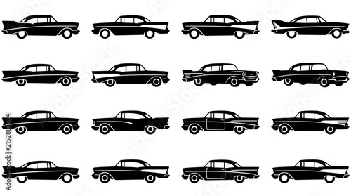 Vintage classic car side profile silhouette set.