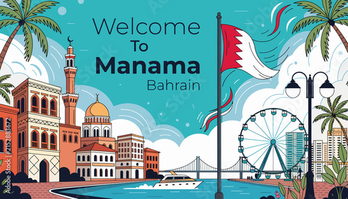 Welcome To Manama Bahrain Cityscape with Flag, Ferris Wheel, Mosque, and Palm Trees - Vector Illustration