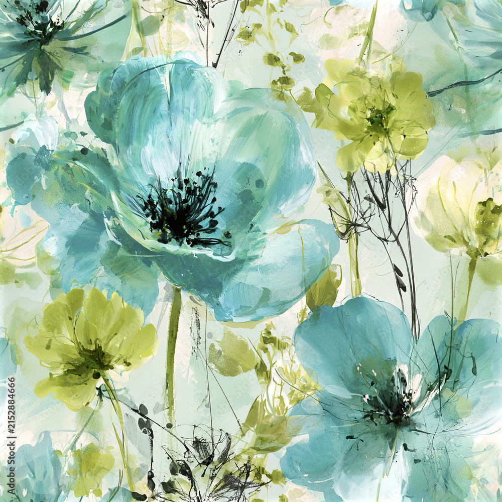 Fototapeta premium Abstract watercolor floral pattern with large turquoise and green flowers creating soft, artistic garden feel