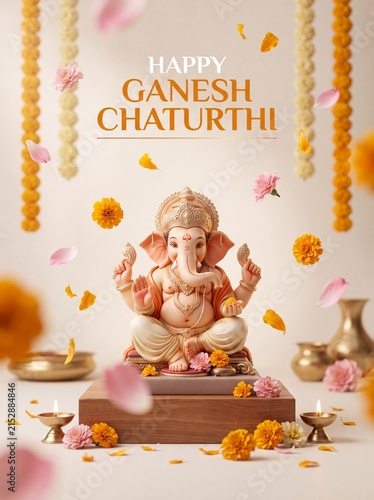 Decorative statue of elephant headed deity surrounded by floating petals and traditional marigold flower garlands
