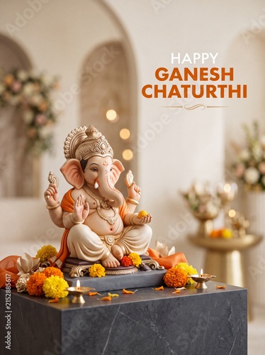 Ganesha statue decorated for ganesh chaturthi celebration with marigold flowers and lit oil lamps on marble plinth
