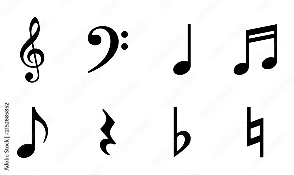 Fototapeta premium Musical Notes and Symbols Collection: Treble Clef, Bass Clef, Eighth Notes, Rests, Vector Icons for Music Education and Design