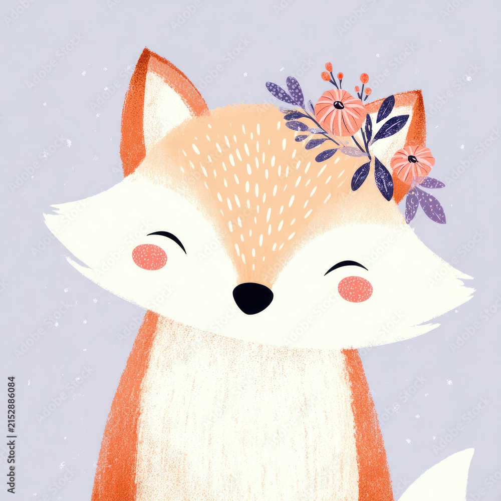 Obraz premium Cute fox soft pastel colors illustration children floral.