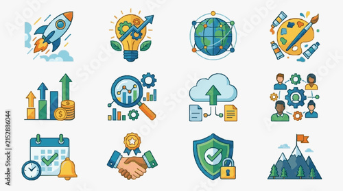 Modern Colorful Set of Business Growth Innovation Security and Collaboration Concepts with high quality professional line art symbols for modern creative design and digital branding projects