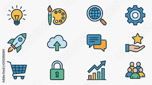 Corporate Set Showcasing Twelve Colorful Icons for Business Innovation and Digital Marketing Concepts
