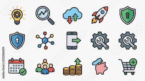 Elegant Collection of Minimalist Icons Showcasing Innovation Security Technology and Business Concepts in Flat Design
