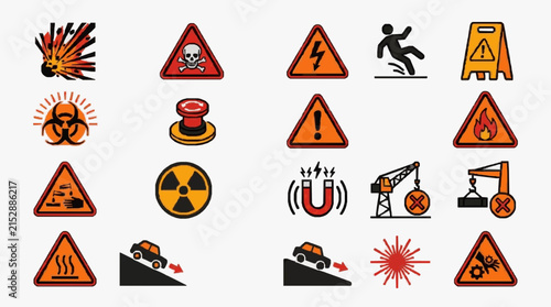 Sleek Collection of 20 Vibrant Safety Warning Icons with Bold Colors and Clear Symbols for Hazard Communication