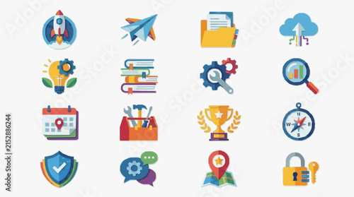 Industrial Style Icons Set Showcasing Various Colorful Symbols for Business Technology and Productivity