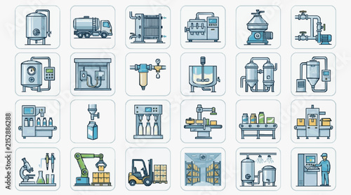 Corporate Showcasing Diverse Industrial and Beverage Production Equipment in Blue and White with high quality professional line art symbols for modern creative design and digital branding projects