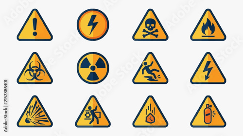 Elegant Set of 12 Vibrant Warning and Hazard Symbols with Bold Yellow Orange Backgrounds and Dark Blue Icons