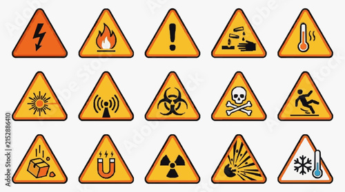 Elegant Collection of 15 Vibrant Warning Sign Icons in Triangular Shapes with Bright Yellow and Orange Backgrounds Featuring Lightning Fire Radiation Biohazard and More
