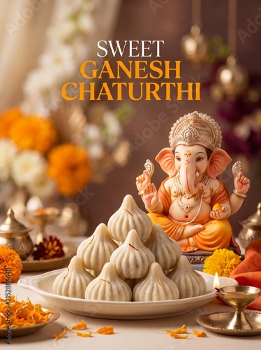 Festive indian elephant god statue celebration with traditional sweets with sweets flowers lit celebration setup