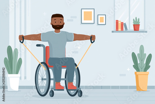 Man sits in wheelchair, smiling, doing strength exercises. He grips resistance bands, arms stretched wide. Room bright, clean, with plants and shelves nearby. He appears focused, strong, and cheerful