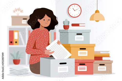 Woman kneels, sorting papers among stacked boxes. She smiles, focused on organizing cluttered files. Shelves, a clock, and plants add cozy office background. Perfect for themes of tidiness, relocation