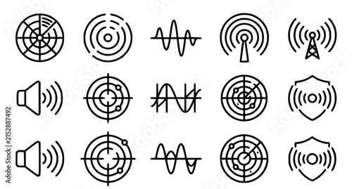 Technical radar sonar radio wave and signal outline icon collection vector
