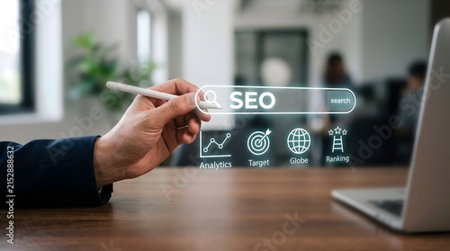 Business professional using a digital interface to optimize search engine marketing and improve website ranking performance