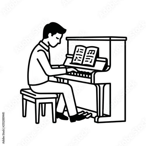 Man playing piano with sheet music open on stand.