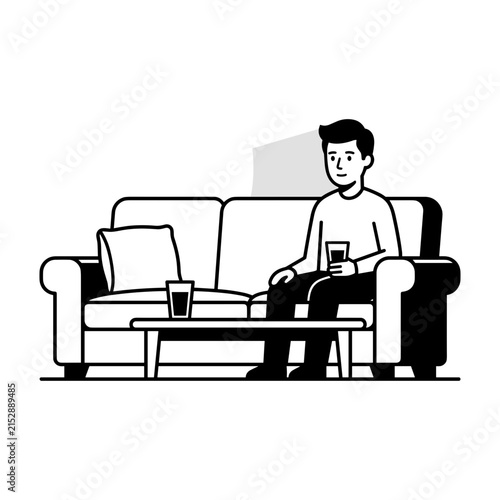 Man relaxing on sofa with drinks watching television.